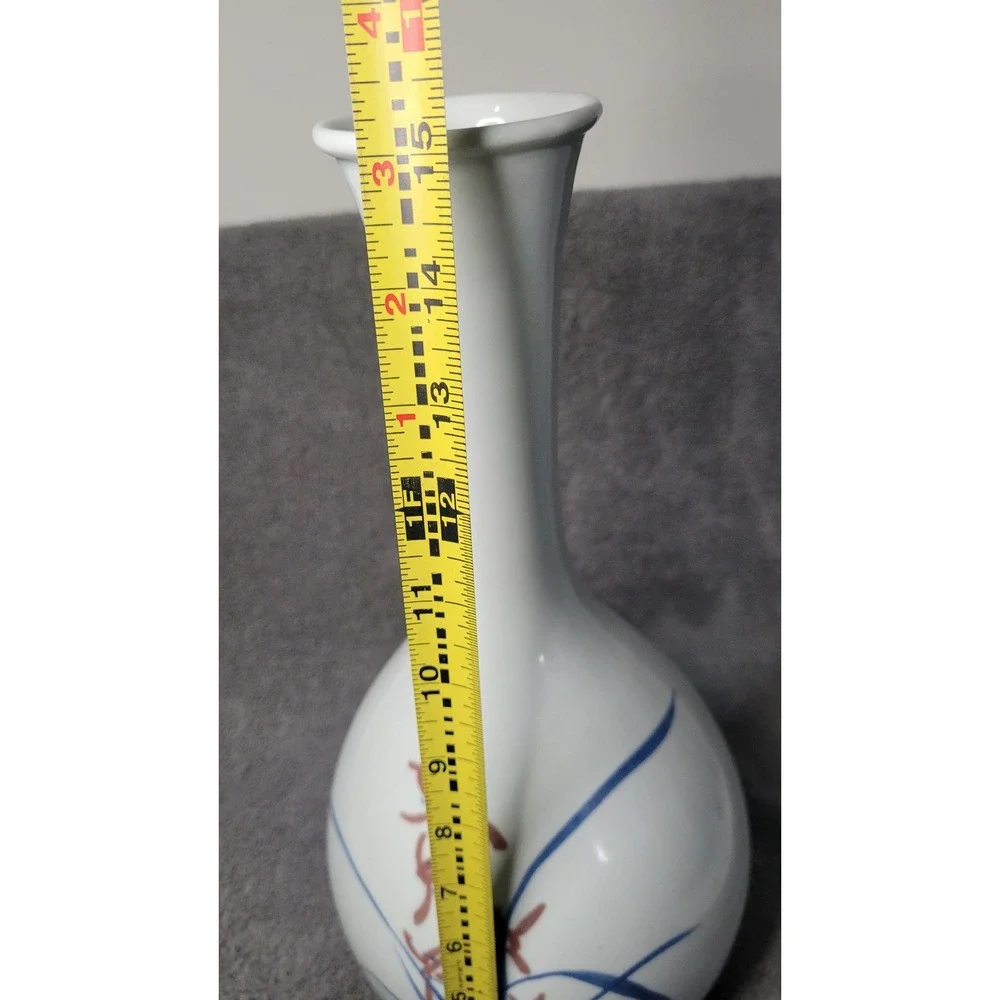 Korean White Porcelain Bud Vase Hand Painted Orchid Long Neck 15.5 Inch V8K-9L2
